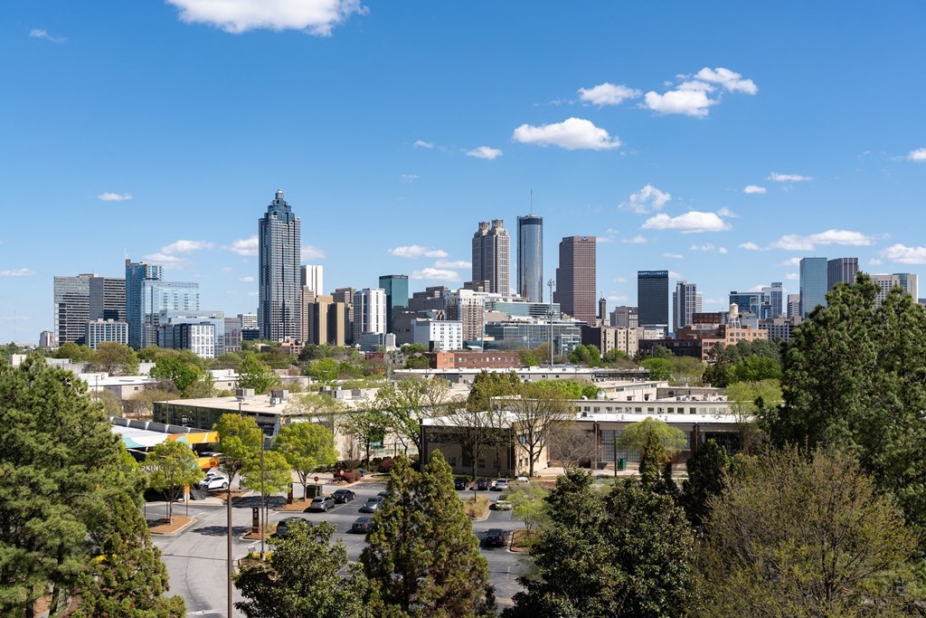 a view of the city skyline from a park with trees