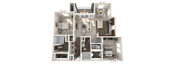 A 3D floor plan of a house with dimensions and furniture layout.