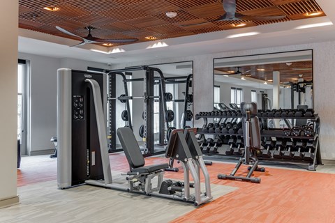a gym with weights and cardio equipment in a building