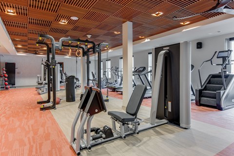 a gym with cardio equipment and weights in a wellness center