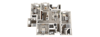 A 3D floor plan of a house showing the layout of the rooms.