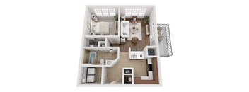 A top-down view of a small apartment with a kitchen, living room, and bathroom.