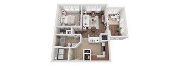A 3D floor plan of a house showing a kitchen, living room, and bathroom.