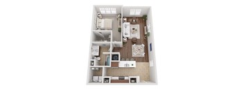 A top-down view of a small apartment with a kitchen, living room, and bathroom.