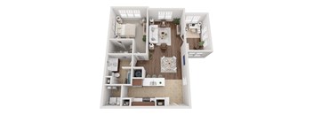 A top-down view of a small apartment with a kitchen, living room, and bathroom.