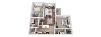 A top-down view of a small apartment with a kitchen, living room, and bathroom.