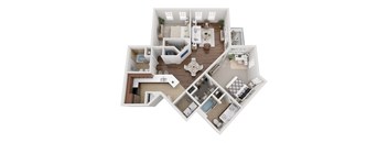 A detailed 3D floor plan of a house showing all rooms and their layouts.