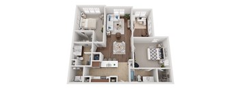 A top-down view of a small apartment with a kitchen, living room, and bathroom.