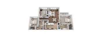A top-down view of a house layout with a kitchen, living room, and bathrooms.
