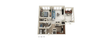 A 3D floor plan of a small apartment layout.