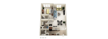 A floor plan of an apartment with two bedrooms, a living room, a kitchen, and a bathroom.