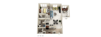 A floor plan of a two-bedroom apartment with a living room, kitchen, and bathroom.