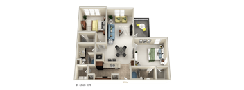 A 3D floor plan of a house with labeled rooms.