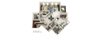 A 3D floor plan of a house with a note indicating the 2nd and 3rd floor are for 2 bedrooms.