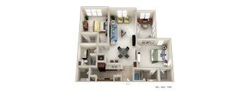 A 3D floor plan of a two-bedroom apartment.