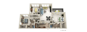 A 3D floor plan of a house layout.