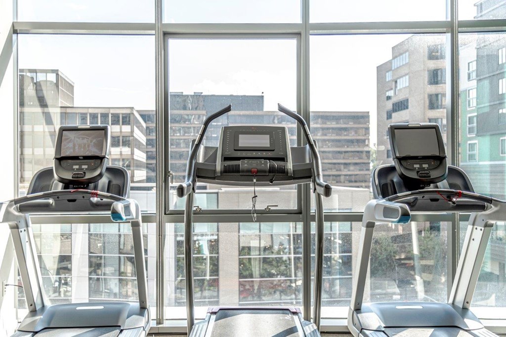 Three treadmills are lined up in a row in front of a large window.
