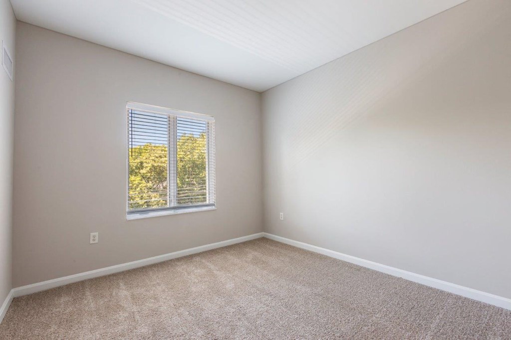A room with a window showing trees outside.