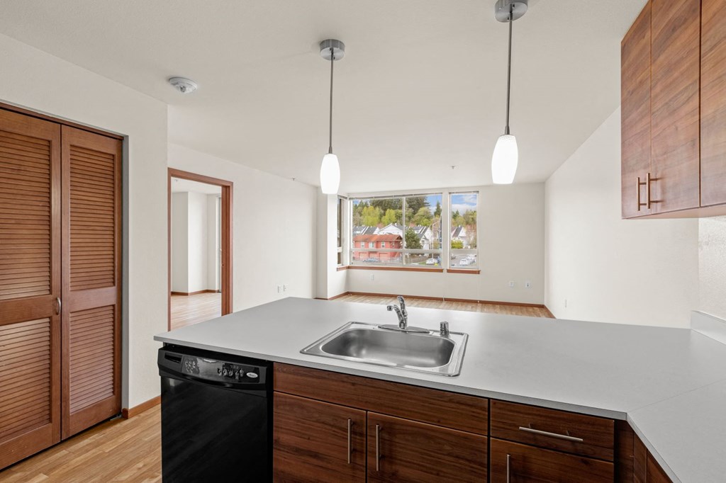 a kitchen with a sink and a window