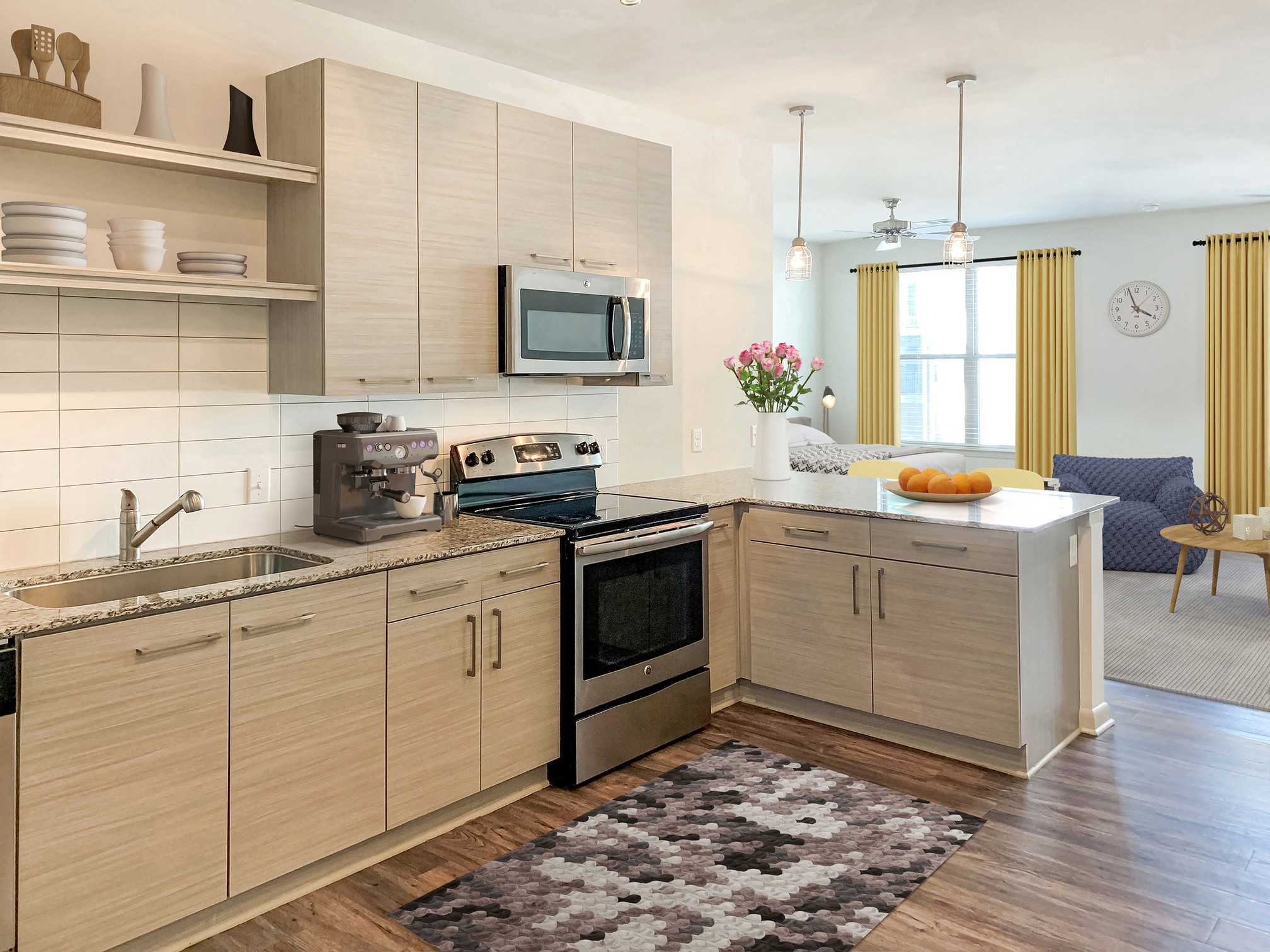 a kitchen with wooden cabinets and a counter top and a sink
