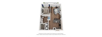 a stylized floor plan with a bedroom and a living room
