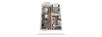 a stylized floor plan of a 1 bedroom apartment