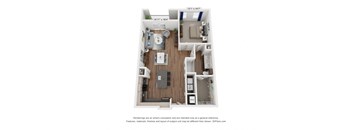 a stylized floor plan with a bedroom and a living room