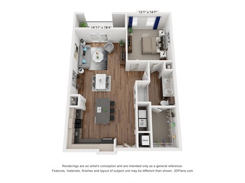 a stylized floor plan with a bedroom and a living room
