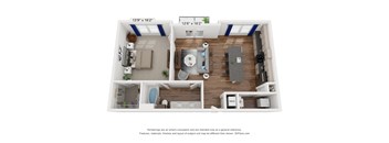 a stylized floor plan with a bedroom and a living room