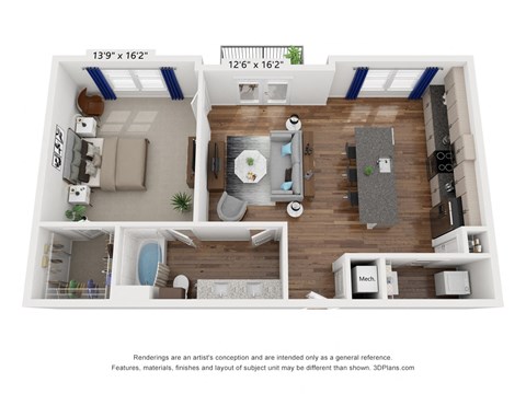 a stylized floor plan with a bedroom and a living room