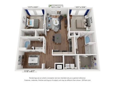 a 3d floor plan of a 1 bedroom 1190 sq ft