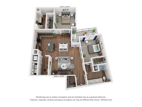 a stylized floor plan of a 1 bedroom 1190 sq ft