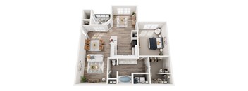 A top-down view of a modern, open-concept floor plan with a kitchen, living room, dining area, and bathroom.