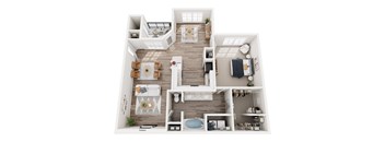 A top-down view of a well-organized apartment with a kitchen, living room, and bathroom.