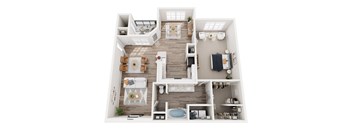 A top-down view of a modern, open-concept floor plan with a kitchen, living room, dining area, and a bathroom.