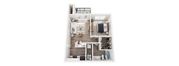 3D Floorplan image of 1 bedroom with living room bathroom and balcony with in unit laundry