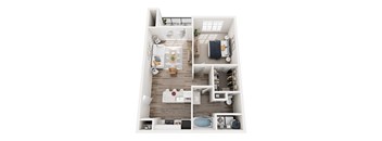 A top-down view of a modern apartment with a kitchen, living room, and bedroom.