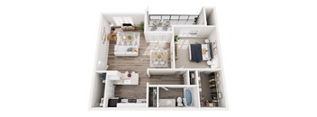 A top-down view of a small, neatly organized apartment with a living room, kitchen, and bathroom.