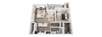 A top-down view of a modern apartment with a kitchen, living room, and bathroom.