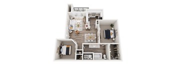 A top-down view of a small apartment with a kitchen, living room, and bedroom.