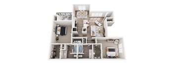 A top-down view of a modern apartment layout with a kitchen, living room, dining area, and bedrooms.