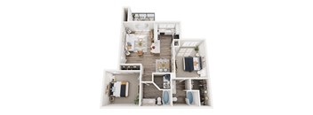 A white interior design of a house with a kitchen, living room, and bathroom.