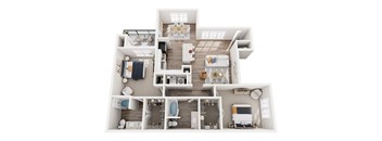 A white model of a house with various rooms and furniture.