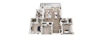 2 bedroom 3D floorplan with balcony, dining room, living room, in unit laundry
