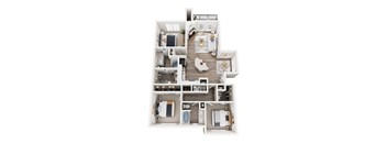 A top-down view of a well-organized apartment with a kitchen, living room, and two bedrooms.
