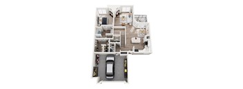 A top-down view of a house interior with a car parked in the driveway.