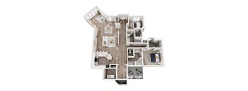A top-down view of a small apartment with a kitchen, living room, and bedroom.