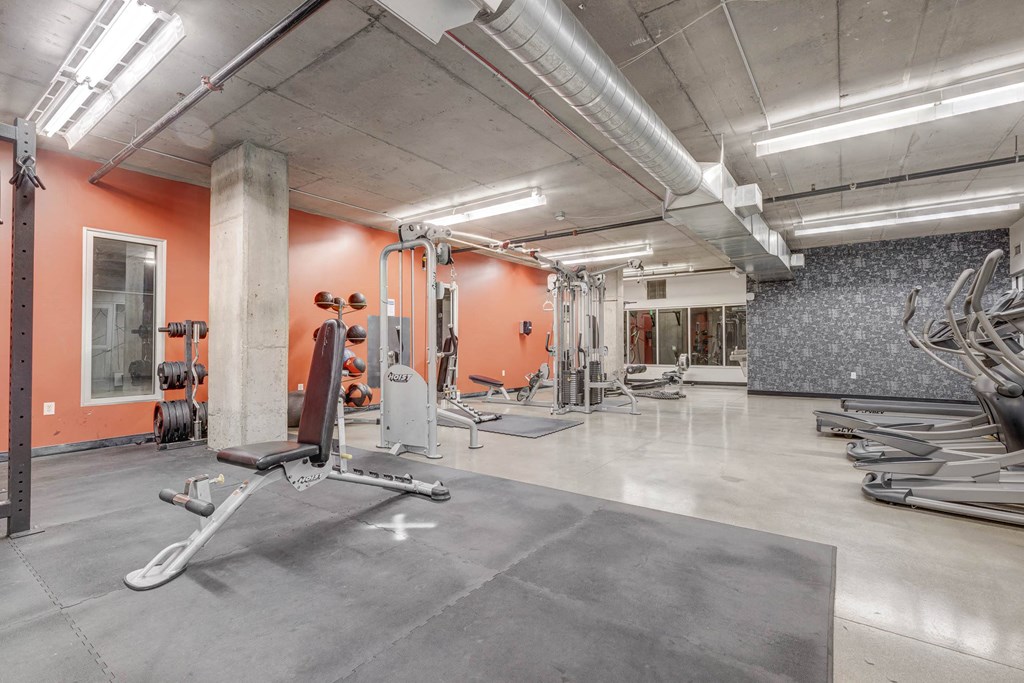 the gym at the district at highland village apartments