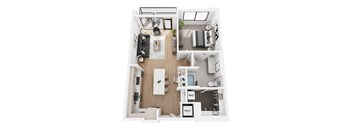 a stylized floor plan with a bedroom and a living room