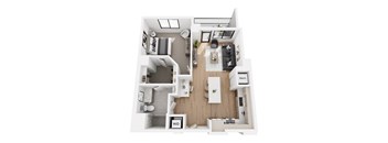 a stylized floor plan with a bedroom and a living room